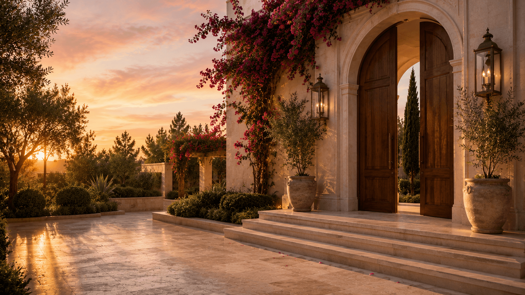 A warmly lit stone entrance with an open wooden door at golden hour